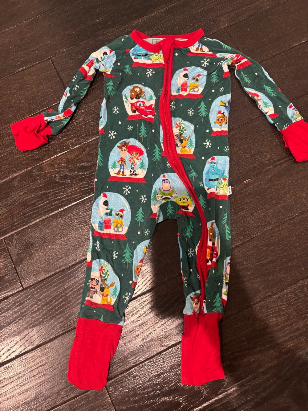 Little Sleepies Green & Red Holiday Snowglobe Footie zippy Pixar -3-6 months